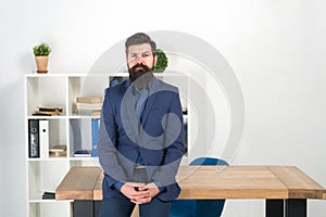 I am listening. Report and complaint concept. Man bearded hipster boss looking at you with attention. Ready to hear your