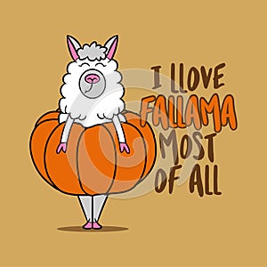 I llove love fallama fall llama most of all - funny vector quotes and llama drawing.