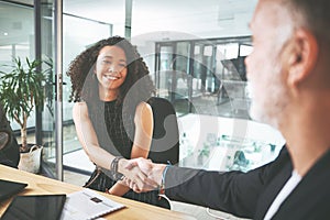 I look forward to working with you. two businesspeople sitting together and shaking hands during a meeting in the office