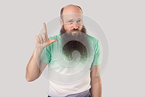 I am loser. Portrait of sad middle aged bald man with long beard in light green t-shirt standing with loser gesture and looking