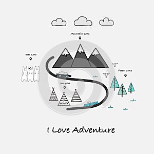 I Love Adventure typography with car, bear, tent, mountains and forest tree.