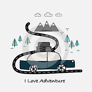 I Love Adventure typography with car, mountains and forest tree.