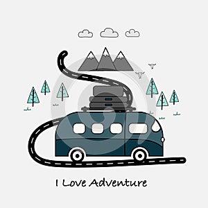 I Love Adventure typography with van, mountains and forest tree.