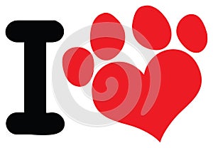 I Love Animals With Red Heart Paw Print Logo Design