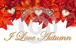 I love Autumn with red and orange fall leaves and wood hearts