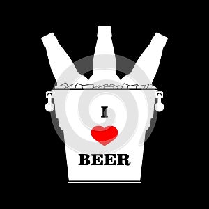 `I love beer` slogan on beer bucket with red heart. White silhouette. For t-shirt and beer glassware design, poster, packaging.