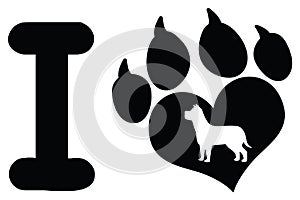 I Love With Black Heart Paw Print With Claws And Dog Silhouette Logo Design
