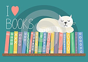 I love books. Books on shelf with white cat.