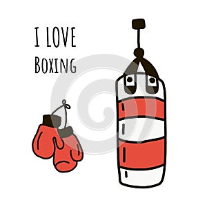 I love Boxing. vector illustration in flat style and lettering. red Boxing gloves hang on the wall next to a striped punching bag