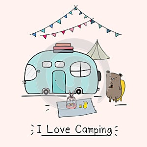 I Love Camping Concept With Cute Bear And Camping Car.