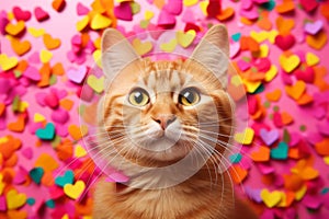 i love cats concept, funny disco bright cat in pink and orange color.