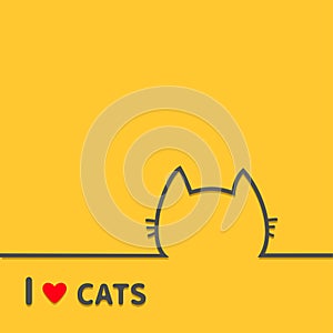 I love cats heart. Black cat head face contour silhouette line icon. Cute cartoon character. Text lettering. Kitten whisker Baby p