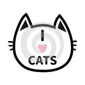 I love cats heart Text lettering. Black cat head face contour silhouette icon. Line pictogram. Cute funny cartoon character. Kitty