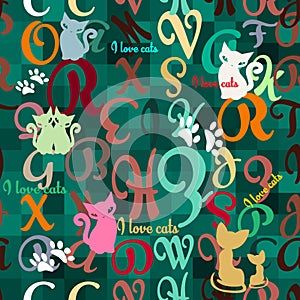 I love cats. Letters and words funny seamless pattern. Cute cats, kittens, cat footprints. Checkered colorful vector background.