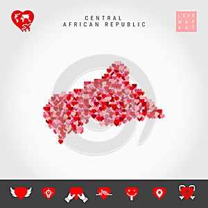 I Love Central African Republic. Red Hearts Pattern Vector Map of Central African Republic. Love Icon Set