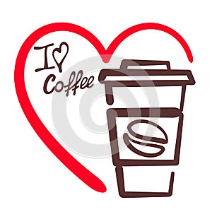 I love coffee card with paper cup, heart and lettering
