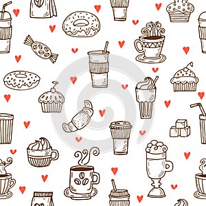 I love coffee. Hand drawn seamless pattern with coffee cups, don