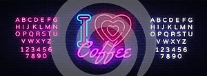 I Love Coffee neon sign vector. Coffee Shop Design template neon sign, light banner, neon signboard, nightly bright