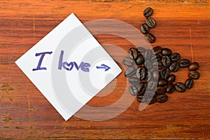 I love coffee on shortnote paper and coffee beans