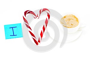 I love coffee, sticky note with a cup of coffee on white background