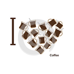 I love coffee. Symbol heart of cups of hot coffee. Vector illus