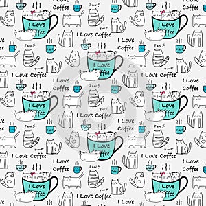 I Love Coffee Typography With Cute Cat Hand Drawn Vector Pattern.