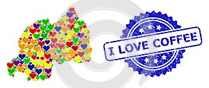 I Love Coffee Watermark Stamp and Bright Love Mosaic Map of Rwanda for LGBT