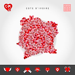 I Love Cote dIvoire. Red Hearts Pattern Vector Map of Ivory Coast. Love Icon Set