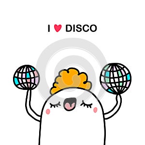 I love disco hand drawn vector illustration in cartoon comic style pop music party