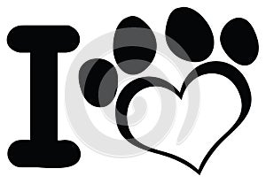 I Love Dog With Black Heart Paw Print Logo Design.