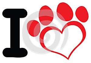 I Love Dog With Red Heart Paw Print Logo Design