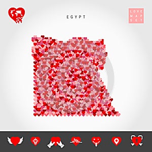I Love Egypt. Red Hearts Pattern Vector Map of Egypt. Love Icon Set