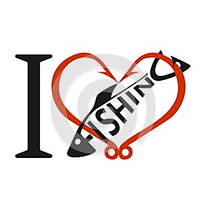 I love fishing. Red heart icon isolated on white background. Concept of hobby, pastime. Heart of two hooks. T-shirt