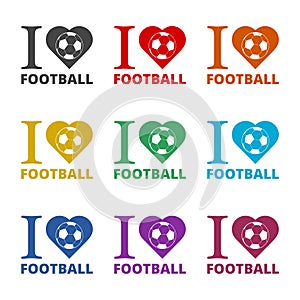 I Love Football with soccer ball icon, color set