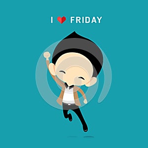 I Love Friday concept with happy businessman jumping in the air cheerfully