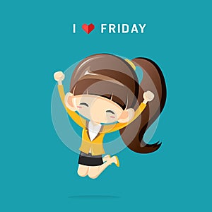 I Love Friday concept with happy businesswoman jumping in the air cheerfully