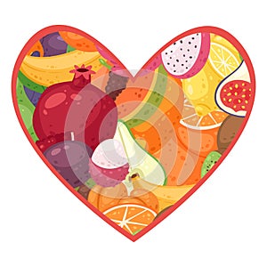 I love Fruits vector illustration. Heart with tropical healthy fruity food. Apricot, grapefruit, lemon with orange, pear