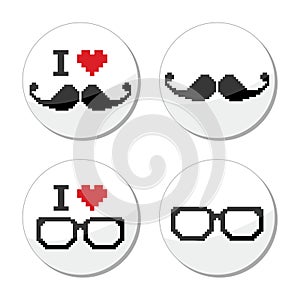 I love glasses and mustache / moustache icons set