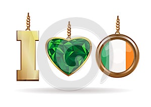 I love Ireland. Patriotic jewelry. Emerald Heart in a gold frame