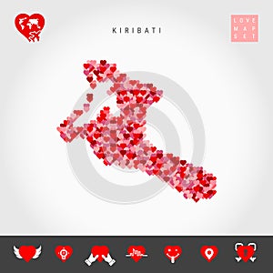 I Love Kiribati. Red Hearts Pattern Vector Map of Kiribati. Love Icon Set