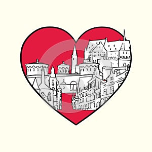 I love Luxembourg City. Red heart and famous buildings