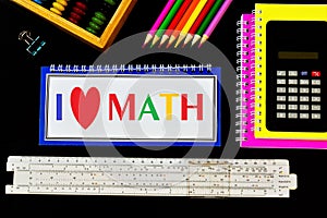 I love math-the text is written in colored letters in a student`s notebook.