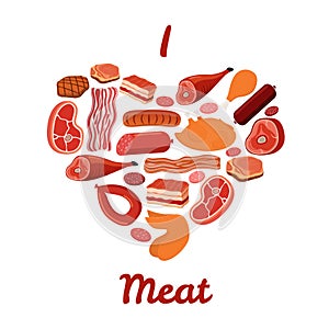 I love meat set. Bacon, chicken, ham, smoked pork, jamon illustration. Cartoon style. Vector