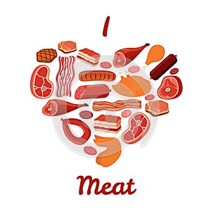 I love meat set. Bacon, chicken, ham, smoked pork, jamon illustration. Cartoon style. Vector photo