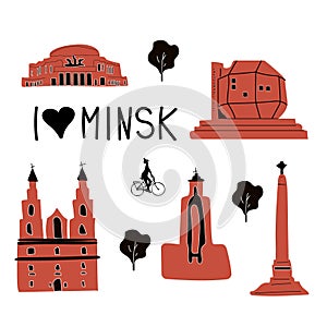 I love minsk concept with the main sightseeings, places to see in minsk, capital of Belarus, Cartoon illustration with