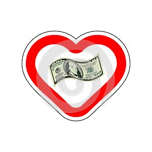 I love money. I like to cash. Red road sign in shape of heart. Symbol of love on road to finance