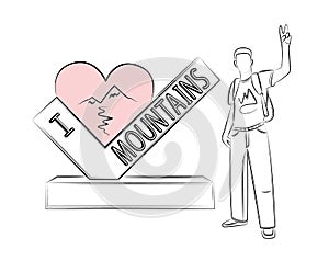 I Love Mountains. Editable template about loving anything. Mountain tourism, rock climbing. Concept of traveling. Sketch