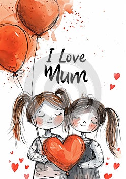 I Love Mum - Girl and Mother Hold Red Balloons - Mothers Day Concept