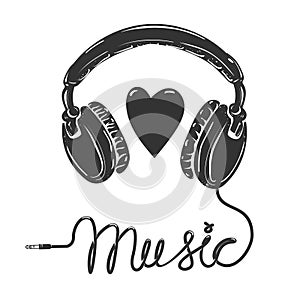 I love music. Headphones with text isolated on white background.