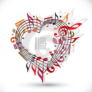 I love music, heart made with musical notes and clef.